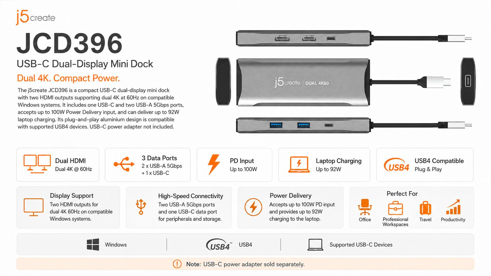 j5create JCD396, USB-C Dual HDMI 4K60 Mini Dock, Dual 3840x2160 at 60Hz Displays, 100W PD Input with Up to 92W Laptop Charging, 3x USB 5Gbps, DisplayPort Alt Mode, MST, USB4 Compatible, Space Grey, 2-Year Warranty | JCD396